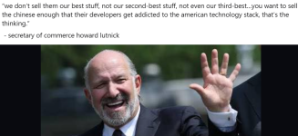 “we don’t sell them our best stuff, not our second-best stuff, not even our third-best…you want to sell the chinese enough that their developers get addicted to the american technology stack, that’s the thinking.” - secretary of commerce howard lutnick “we don’t sell them our best stuff, not our second-best stuff, not even our third-best…you want to sell the chinese enough that their developers get addicted to the american technology stack, that’s the thinking.” - secretary of commerce howard lutnick