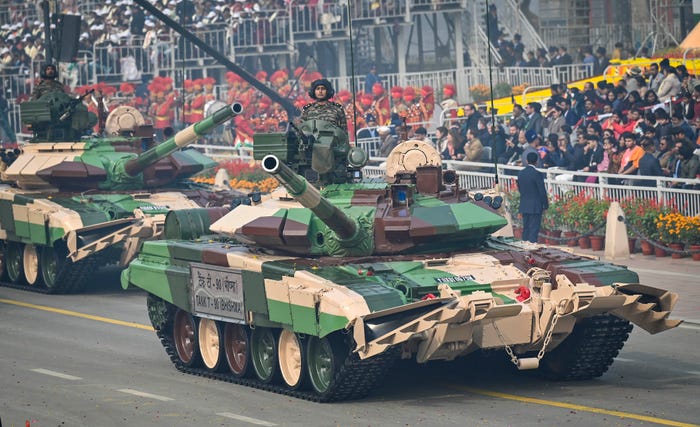 Russian-made T-90 tanks on display during the Republic Day Parade 2024 on January 26, 2024 in New Delhi, India.