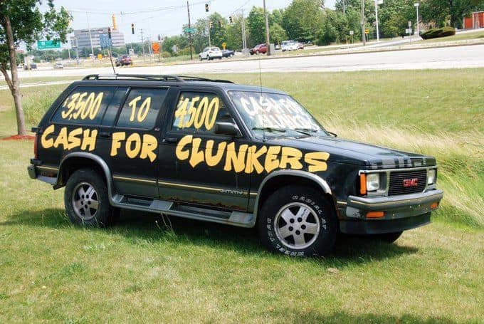 Experiments with cash for clunkers in the US has produced a mixed bag of results. (This image was tweeted by @climateguyw