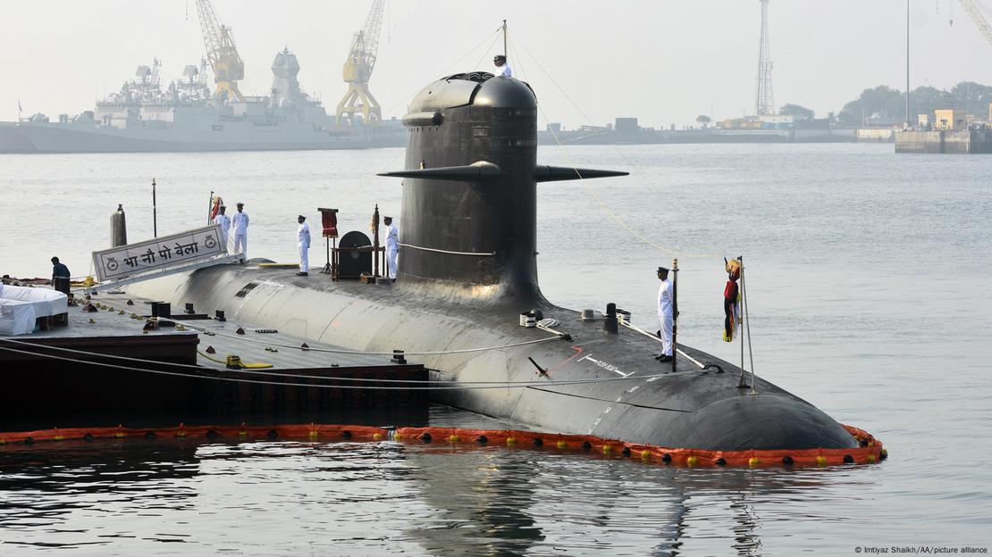 A view of INS Vela, Indian Navy's fourth stealth Scorpene-class submarine during the commissioning ceremony at Naval Dockyard in Mumbai, India, on November 25, 2021